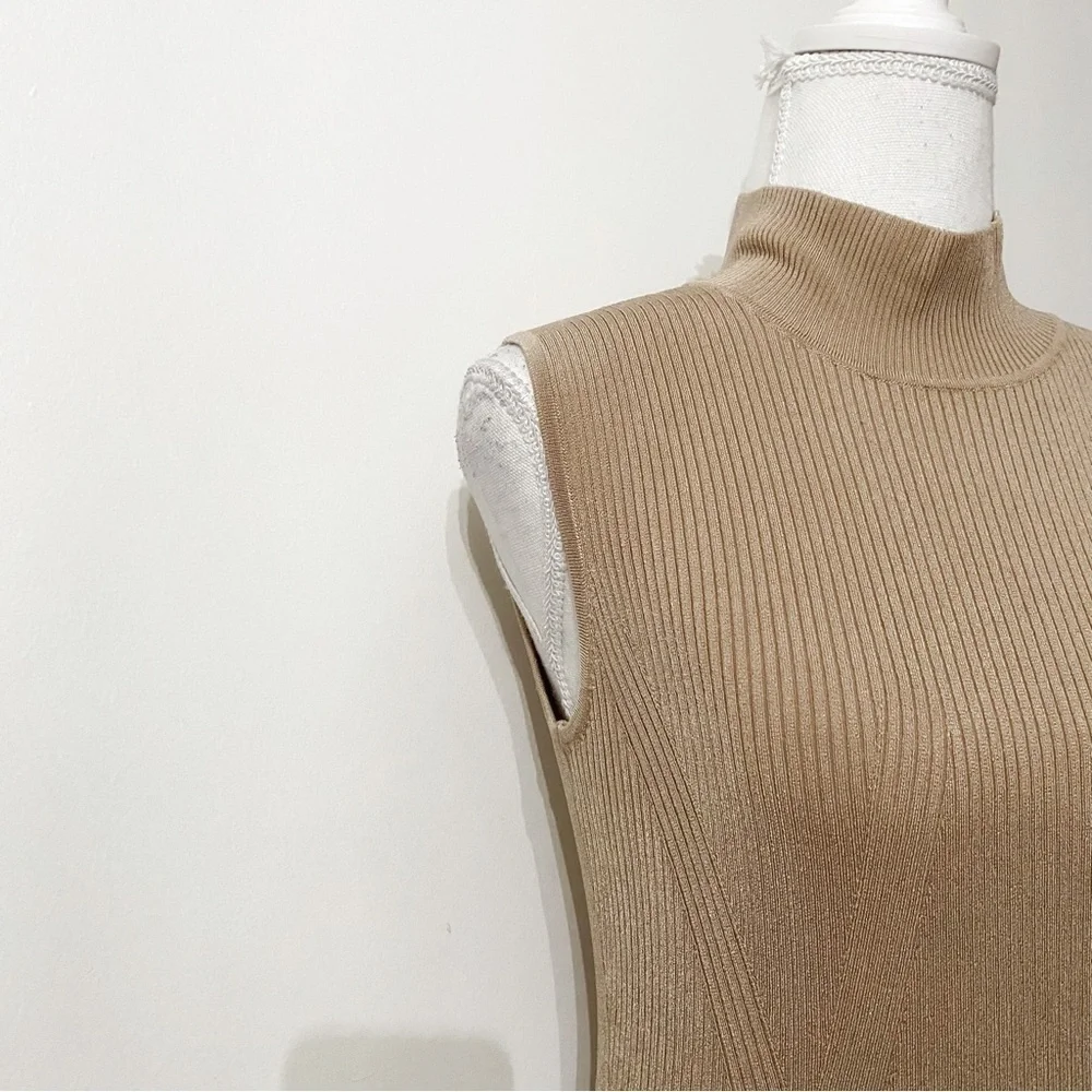 Marciano CAMEL TAN RIBBED STRETCH MOCK NECK SLEEVELESS BODYCON DRESS - Picture 5 of 10